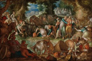 Moisés golpeando la roca de Joachim Wtewael or Utewael